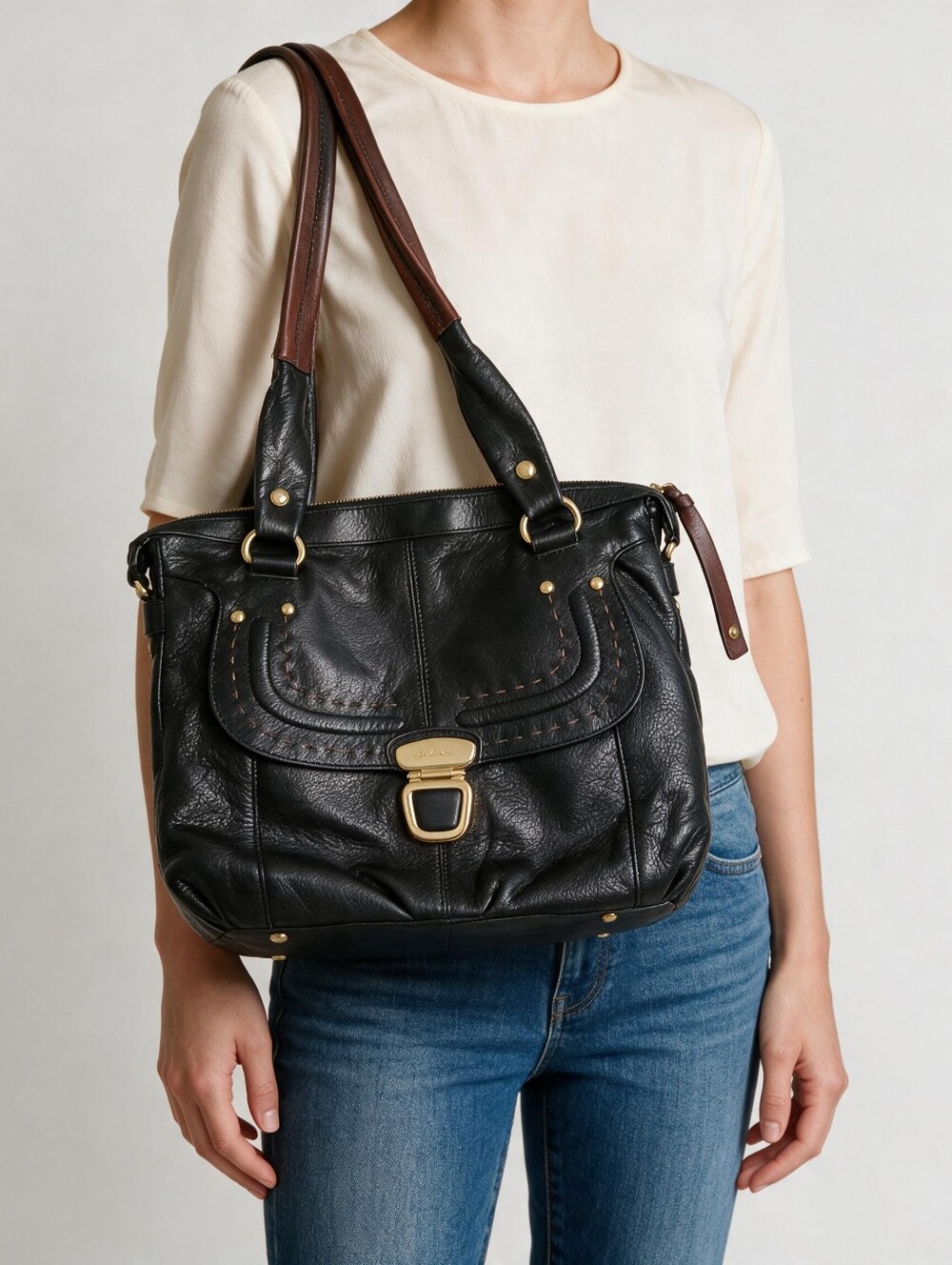 B. Makowsky Black Pebbled Leather Satchel Tote Shoulder Bag Turnlock